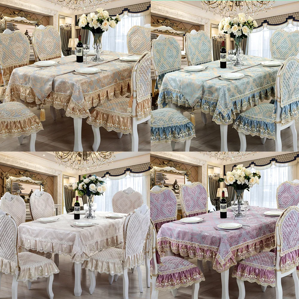 

High-end Linen Lace Table Cloth Table Flag Chair Cover High quality Embroidery Jacquard Rectangle European Kitchen Table Cover 2
