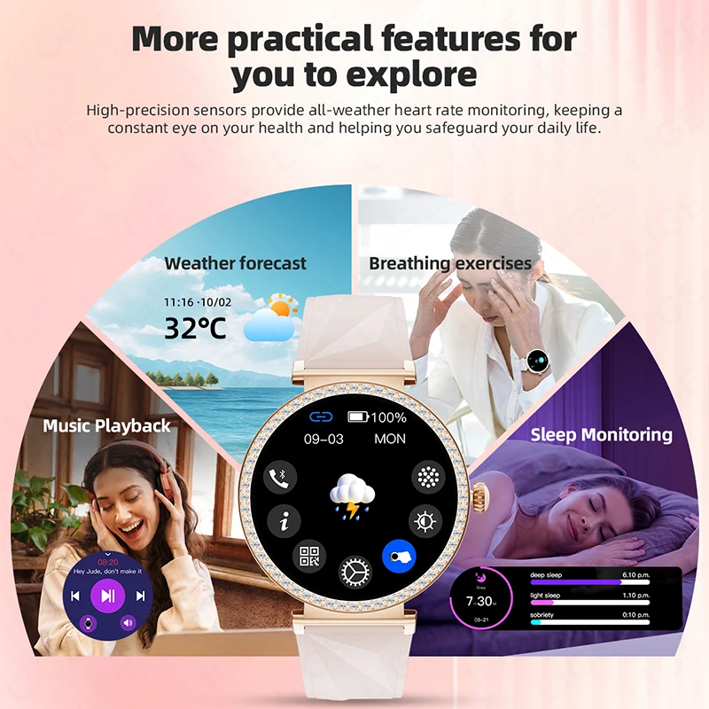 LIGE 2025 GPS Track Women Smart Watch Sports Heart Rate BT Calling AI Voice Ladies Fashion Diamond Smartwatch For Huawei Xiaomi