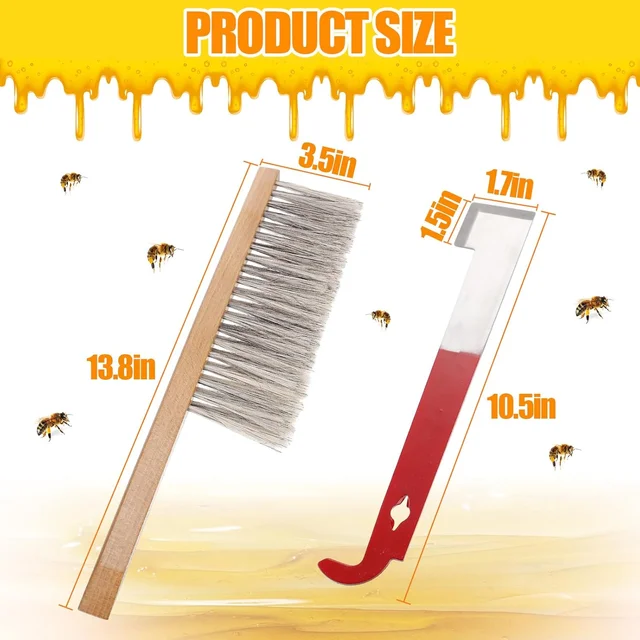 أداة خلية النحل لتربية النحل - خطاف J من الفولاذ المقاوم للصدأ وفرشاة نحل من شعر الخيل الطبيعي، وفرشاة خلية النحل لرفع إطار النحل و