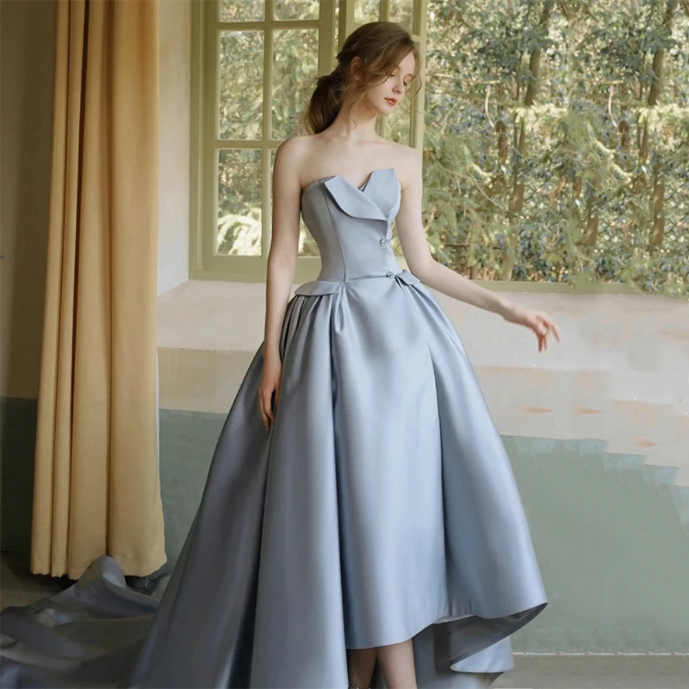 

Elegant Party Dresses For Women 2023 Satin Blue Model Adult Gowns Front Short Back Simple Special Occasion Slim Classic Costumes