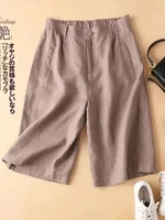 High Waist COTTON Linen Women's Shorts Loose Casual Solid Women's Summer Shorts Basic Black Coffee Semi-elasticated Waist Shorts - Image 2