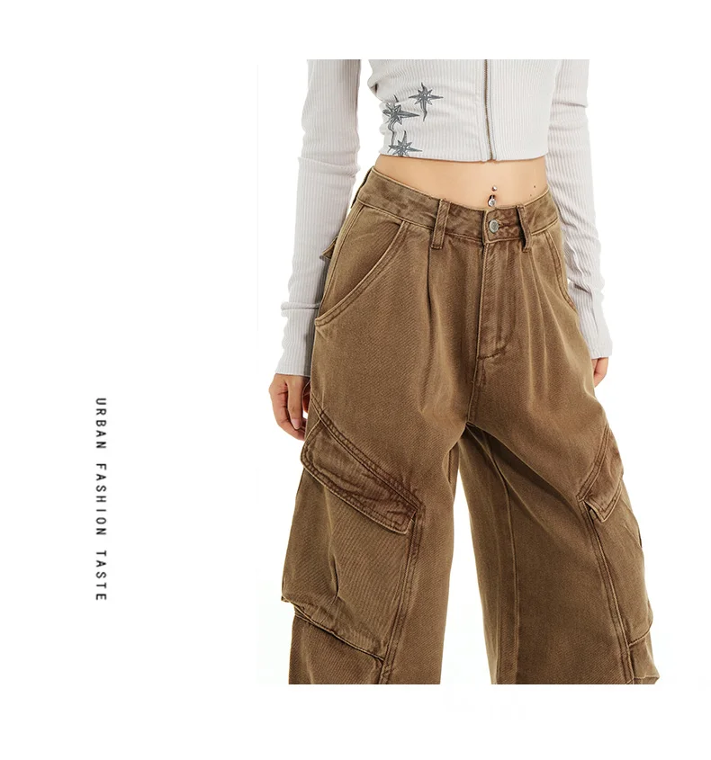 Retro Casual High Waisted Baggy Cargo Jeans Women Washed Distressed Wide Leg Pants Brown Denim Y2K Streetwear Vintage Trousers