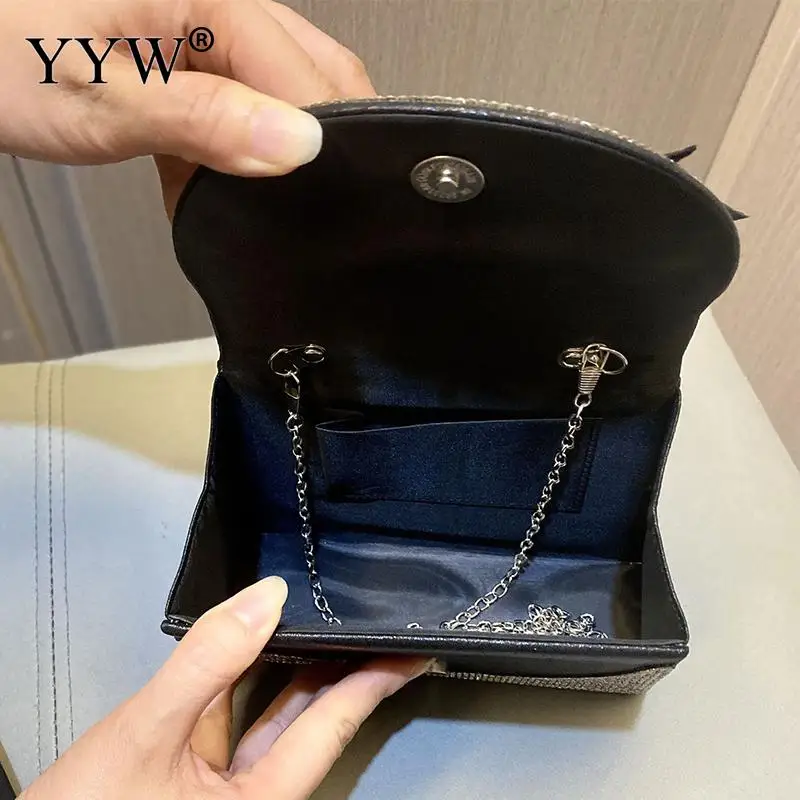 Square PU Leather Women Top Handle Bag Shiny Rhinestone Bowknot Clutch Handbag Metal Chain Crossbody Shoulder Messenger Purse