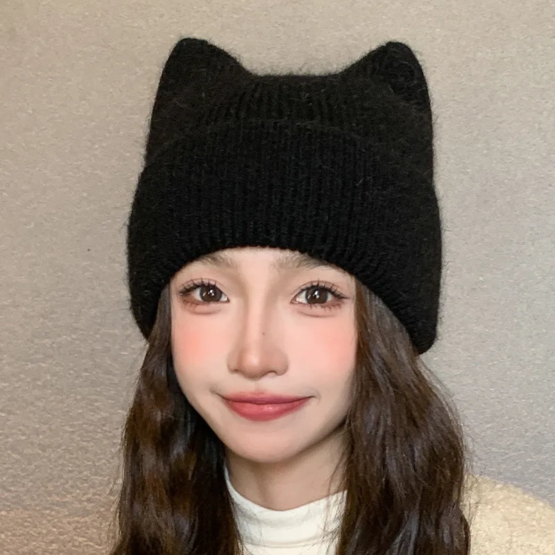 Angora Rabbit Hair Cute Cat Ears Beanies for Women Autumn and Winter Warm Ear Protection Sweet Versatile Pullover Knitted Hats