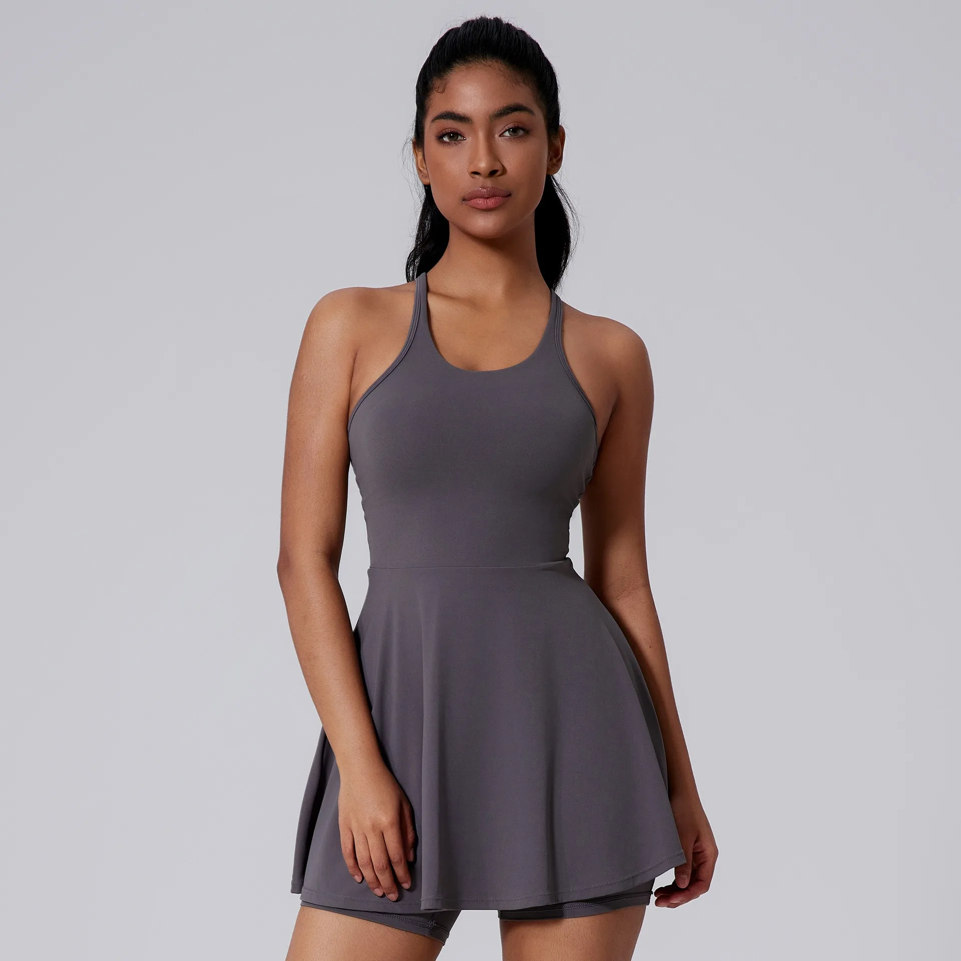 Women Beautiful Back Tennis Dress With Chest Cushion&Shorts Dreathable Outdoor Yoga Golf Skirt Workout Running Badminton Dress
