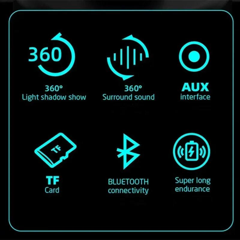 휴대용 블루투스 스피커 전체 화면 다채로운 조명 3D 스테레오 HiFi 베이스 무선 TF AUX 입력 서브우퍼 (휴대폰, PC, 노트북용)
