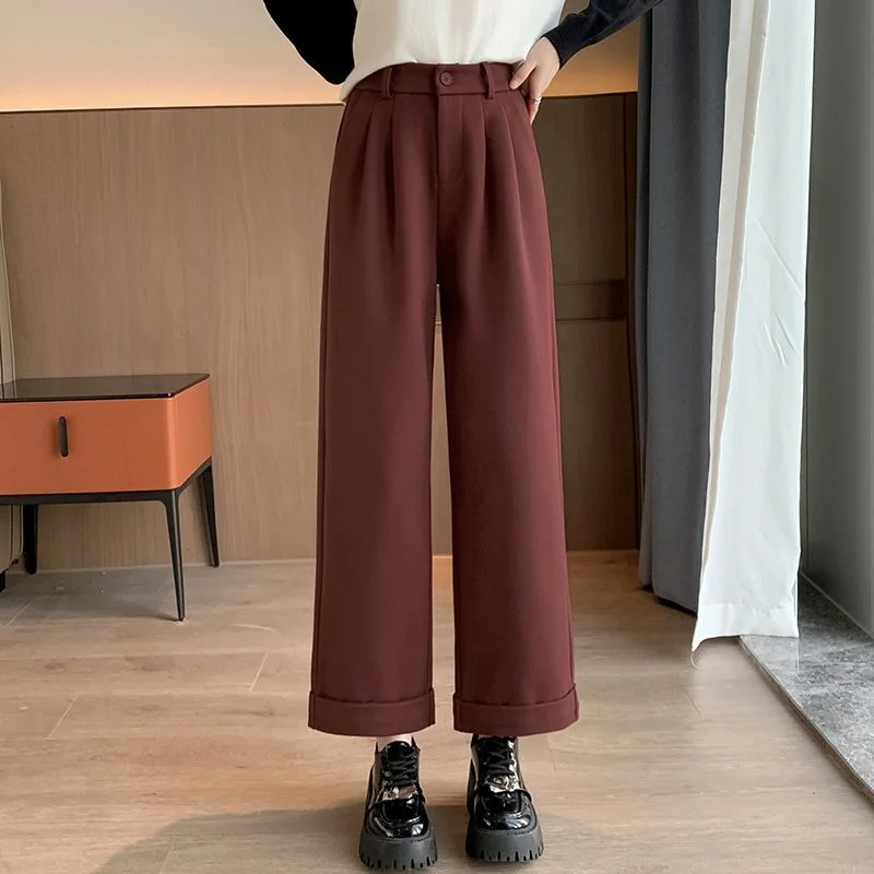 Pantaloni da abito a nove punti larghi dritti spessi a vita alta autunno inverno a gamba larga in lana 6