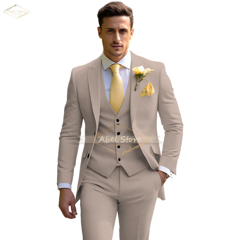 Men's Beige Suit 3 Piece Set Groom Tuxedo Wedding Party Prom Business Formal Occasion Suit Jacket Vest Pants