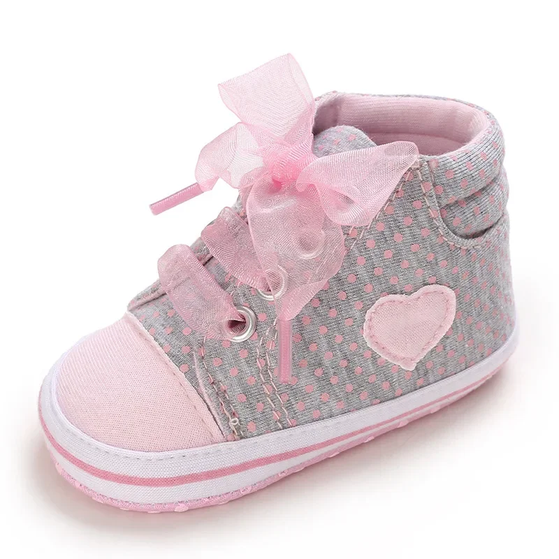 Best-selling Newborn Baby Infant Wearable Toddler Girls Canvas Shoes Heart Bow Tie Baby Lace Casual Shoes Anti-slip Soft Cotton