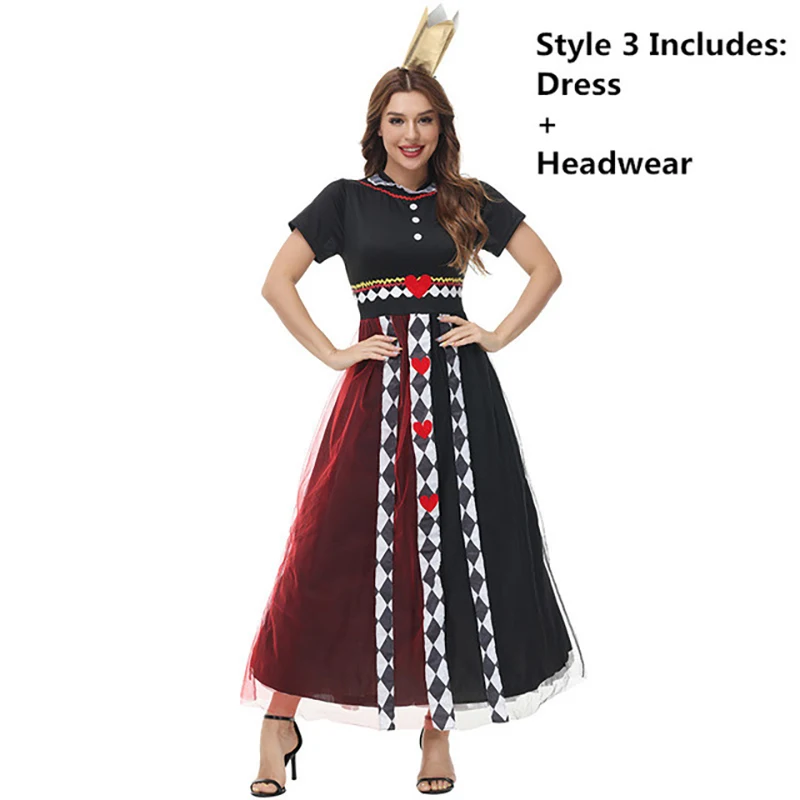 NEW Queen of hearts Alice in Wonderland Costume Poker Queen Cosplay Halloween Masquerade Costumes Sexy Dress with Headwear