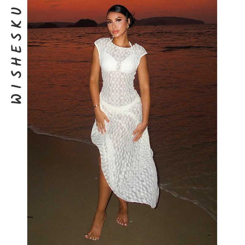 

White Crochet Mesh Sleeveless Slit Wrap Beach Dress 2024 Summer Woman Sexy Hollow Out Knitted Beachwear Swimsuit Cover-ups