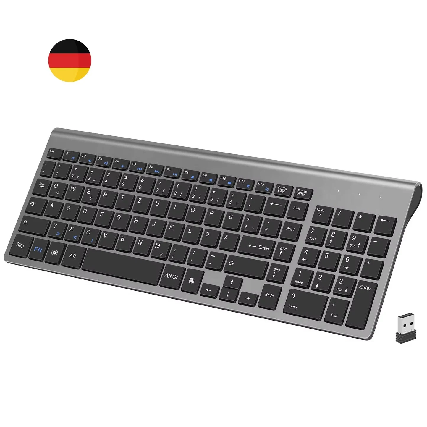 독일어 QWERTZ 레이아웃 무선 슬림 Deutsch 키보드 저소음 101 키 무선 Tastatur 노트북 Windows 데스크탑 용 어댑터 포함