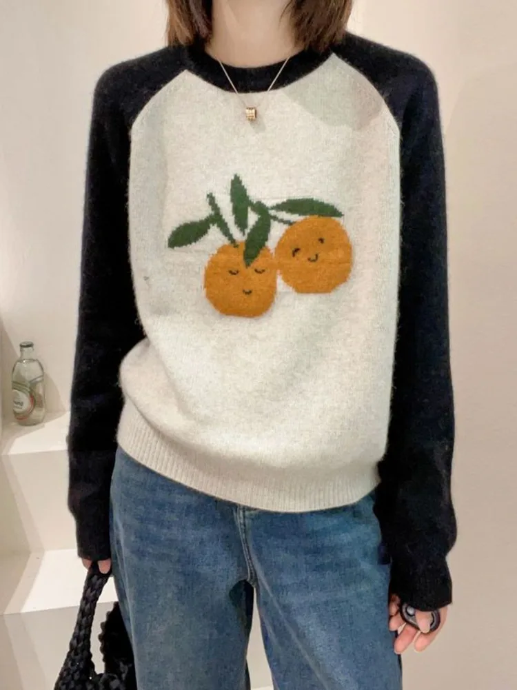 

Cherry Embroidery Sweater Women O-Neck Knitted Pullover Loose Autumn Winter Fashion Cozy Casual Jumper 2000s Aesthetic Top