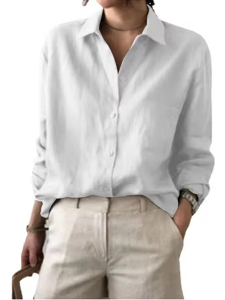 Fashionable Classic Long Sleeved Lapel Button Up Women's Shirt Daily Office Artistic Retro Style Autumn Top 2