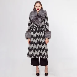 Striped Wool Tweed Coat Fox Fur Collar And Cuffs Silver Fox  Full Sleeves Long Coat For Women 210736