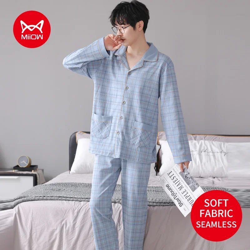 MiiOW KY-3880 Men's Autumn Winter Pajamas Plaid Striped Cotton Soft Turn-Down Collar 3XL