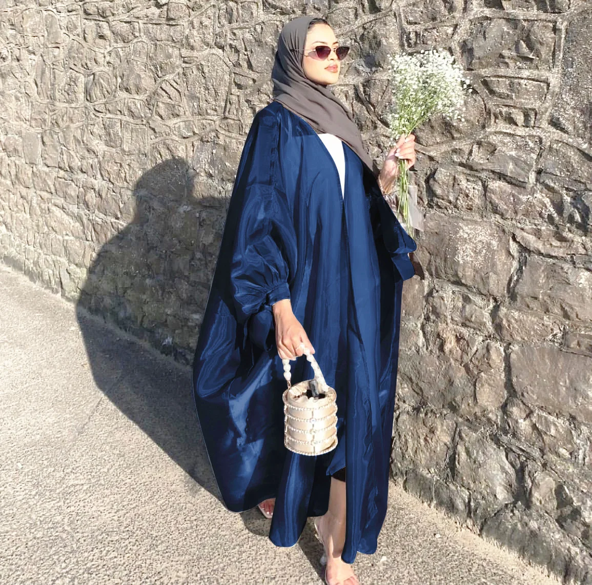 Ramadan Eid Open Abaya Dubai Summer Shiny Soft Puff Sleeves Muslim
