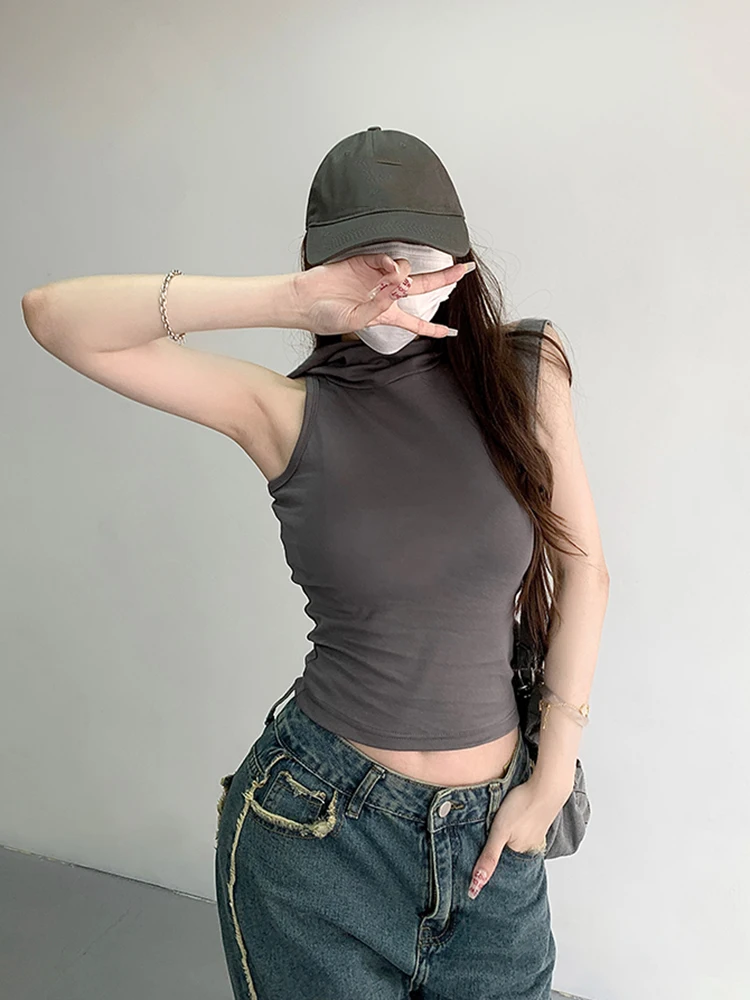 Summer New Tank Top Hooded Vest Women's Tops Streetwear Design Slim Fit Sleeveless Crop Top Solid Color Girls Clothing