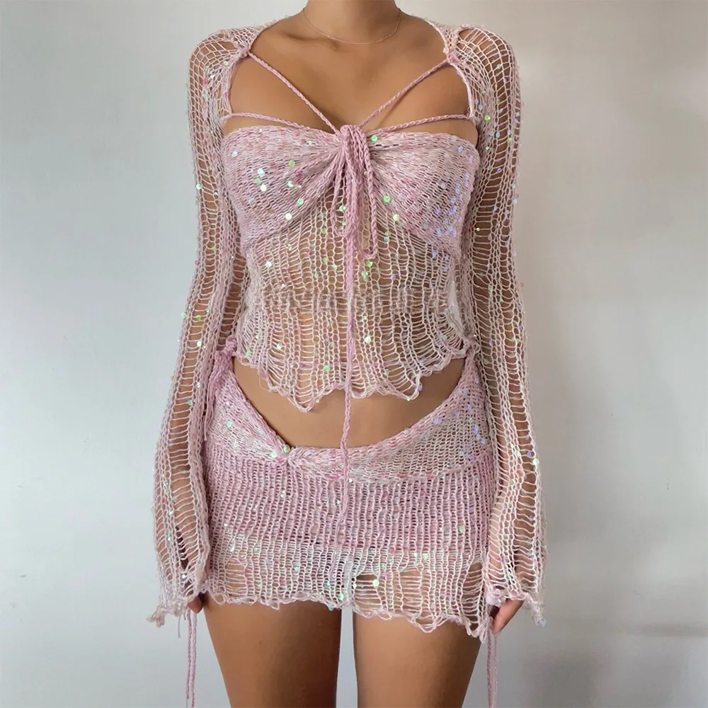 Crochet Knitted Dress Two Piece Skirt Sets 2023 Winter Women Clothes Sexy Crop Tops Elegant Knit Sequin Dress 2 Piece Set Outfit 4