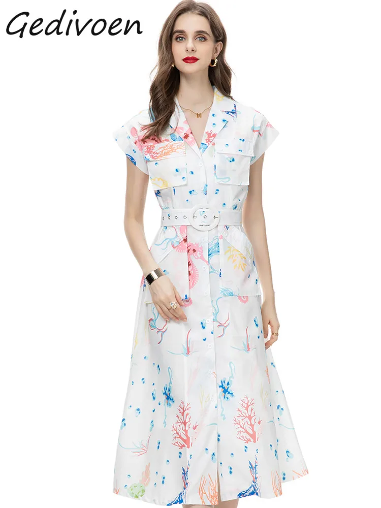 

Gedivoen Autumn Fashion Designer Vintage Print Party Dress Women Lapel Short Sleeve Pocket Sashes Gathered Waist Slim Long Dress