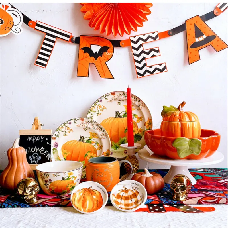 Ceramic Tableware Set Halloween Pumpkin Series Dessert Snacks Fruit Plate Western Steak Tray Bowl Party with Cups Gift Ornaments ceramic tableware set