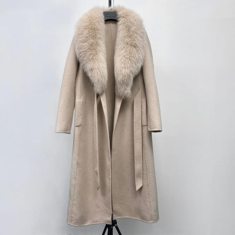 

2022 Autumn and Winter Real Wool and Cashmere Blend Coat Elegant High Quality Loose Women's Overcoat 100% Genuine Fox Fur Collar