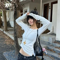 Tonngirls American Retro Print T-shirt Women Long Sleece Button Graphic Tops Y2k Tops 2000s Japanese Grunge Tops E-girls Autumn 4