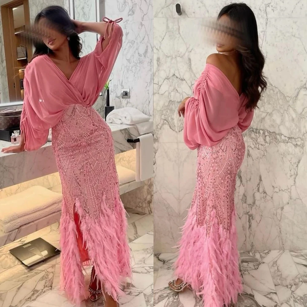 Jersey Feather Party A-line Off-the-shoulder Bespoke Occasion Gown Midi Dresses