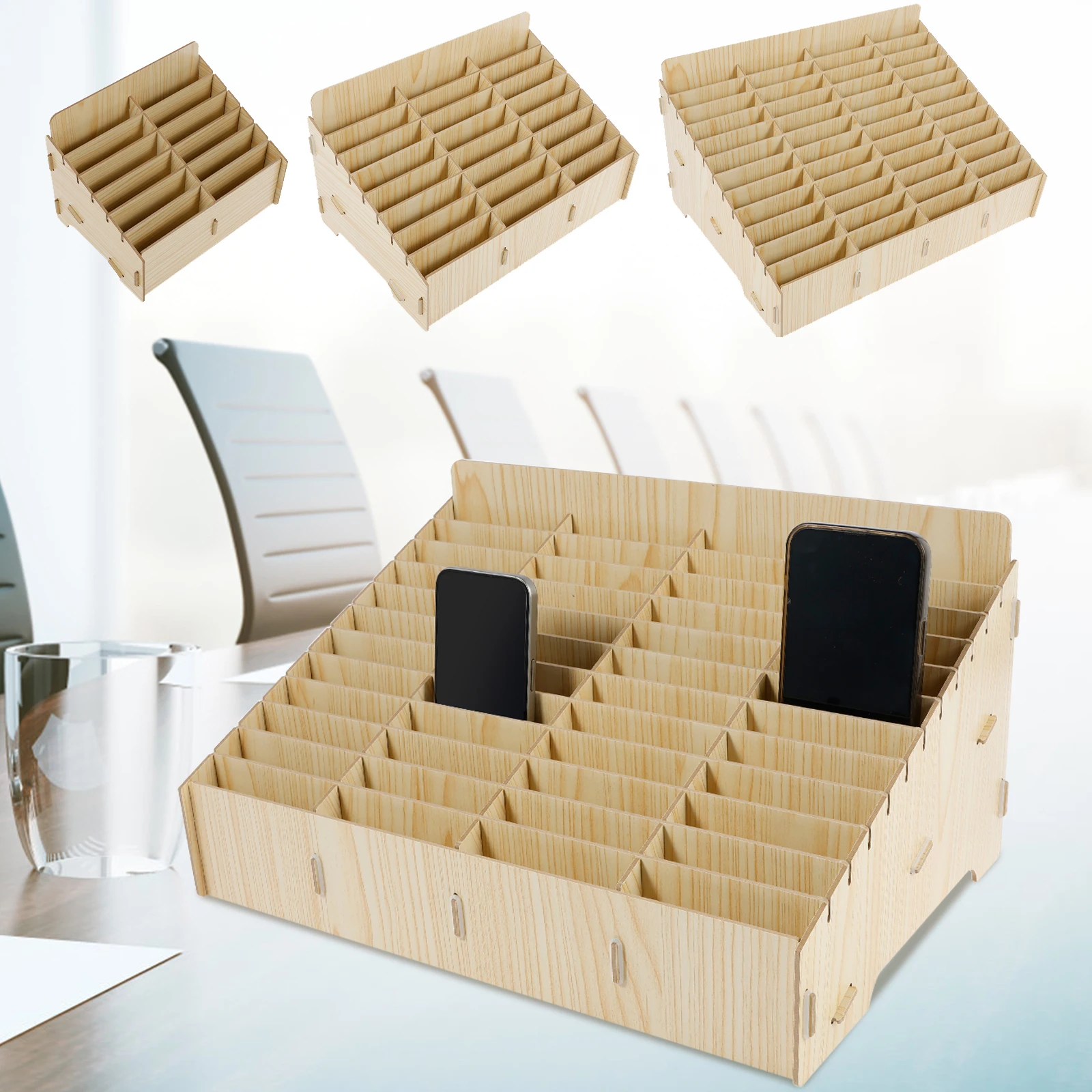 12/48-Grid Mobile Phone Storage Box Wood Multifunctional Phone Holder Desktop Organizer for Office Classroom Phone Management