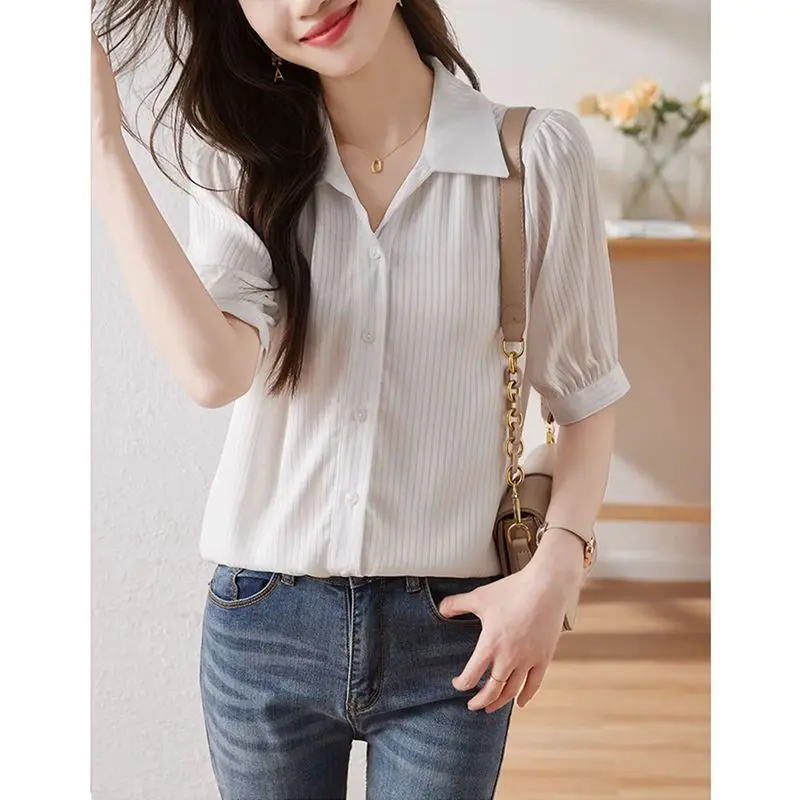 Temperament French Style Summer Shirts Women's Solid Polo-Neck Single Breasted Fashion Office Lady Half Sleeve Loose Casual Tops