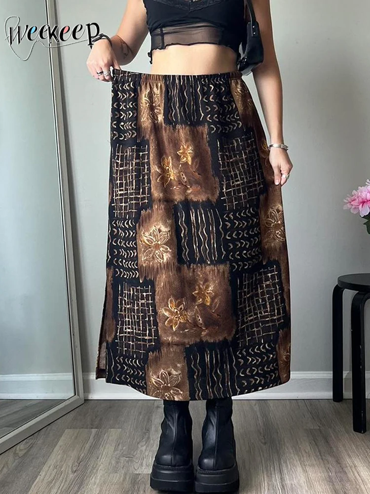 

Weekeep Autumn Vintage Brown Skirt Chic Patchwork Elastic High Waist Loose Long Skirts Women Grunge 2000s Floral Print Clothing