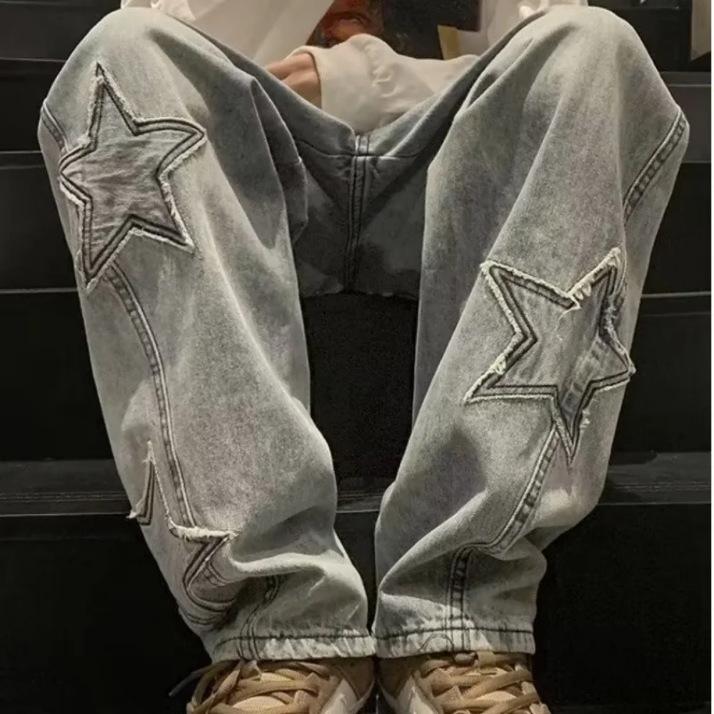 Star Embroidery Straight Casual Men Jeans Neutral Wide Leg Loose Hip-hop Fashion Youth Streetwear Denim Trousers Y2K pants men 4