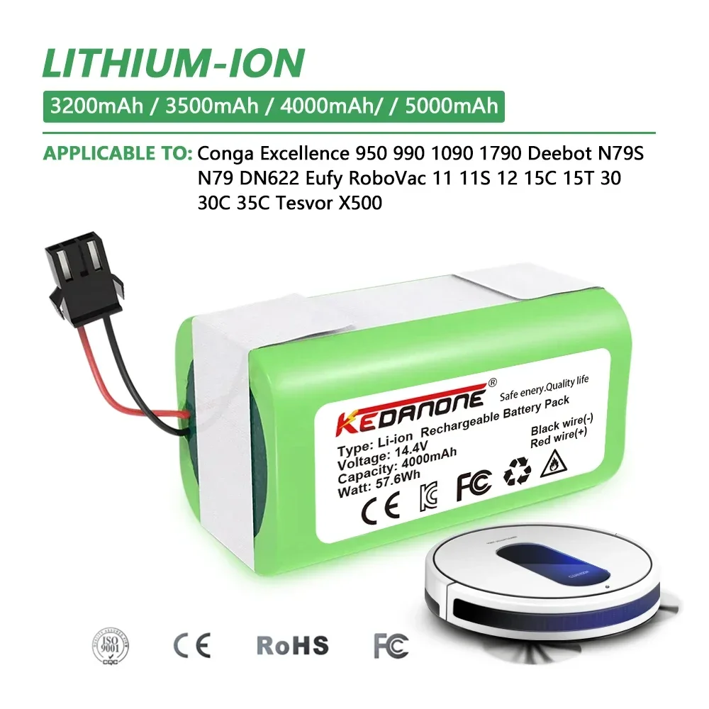 Batteria Agli Ioni Di Litio 14.4V 4000Mah Per Conga 990 1090 Cecotec Ecovacs Deebot N79S N79 Dn622 Eufy Robovac 11 11S 12 35C X500 Batteria