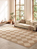 Wabi-sabi Style Living Room Carpet Beige Checkered Decorative Carpets Non-Slip Easy Care Bedroom Rug Light Luxury High-End Rugs 1