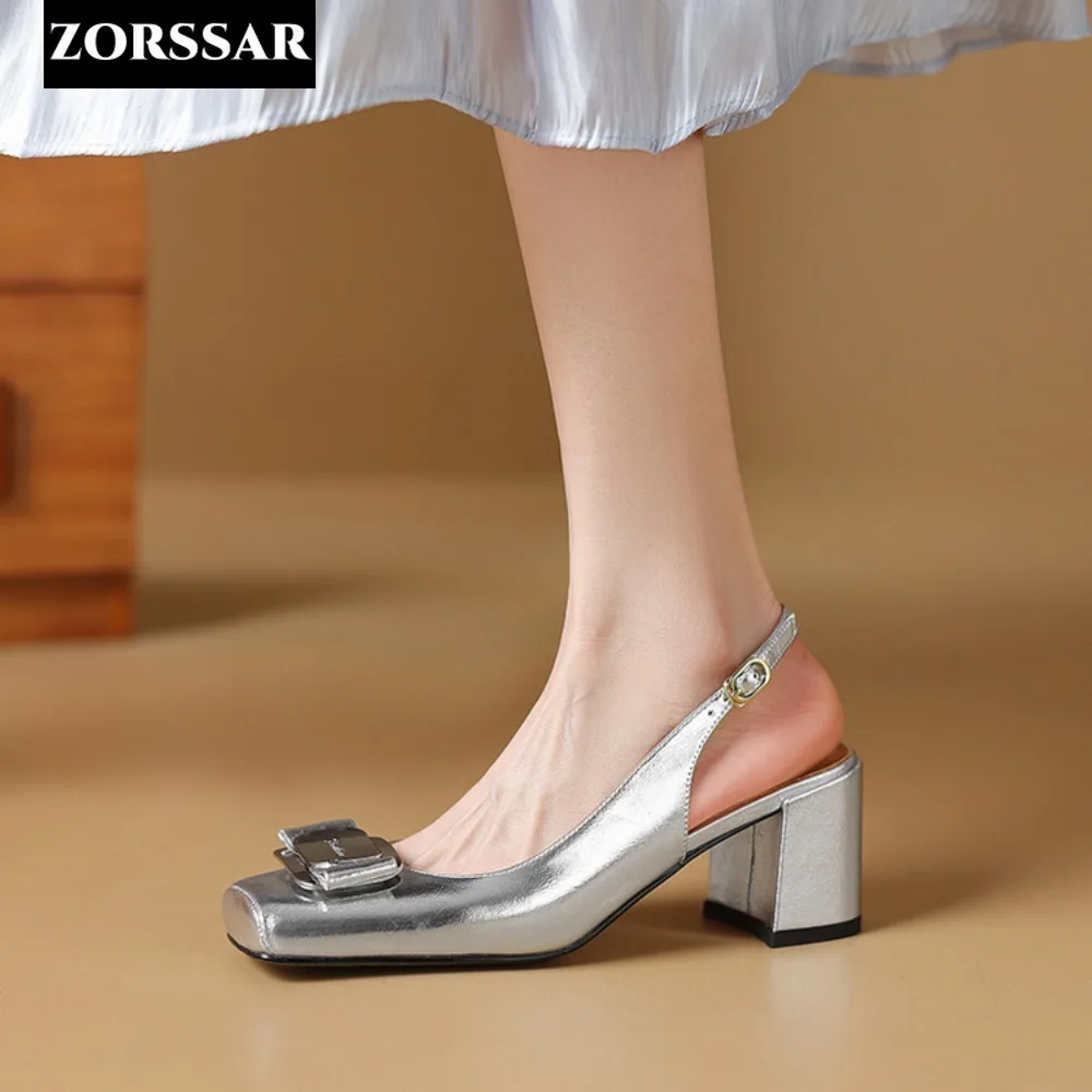 Women Summer Genuine Leather Slingback Pumps Office Lady Square Heels Sandals Elegant Square Toe Female Sexy High Heels