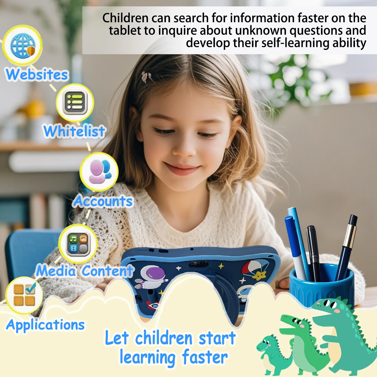 키즈 태블릿 2+32GB, 7'' 안드로이드 태블릿, 듀얼 카메라, 게임 교육 학습, 장난감 어린이 선물 PC 패드, 핑크블루