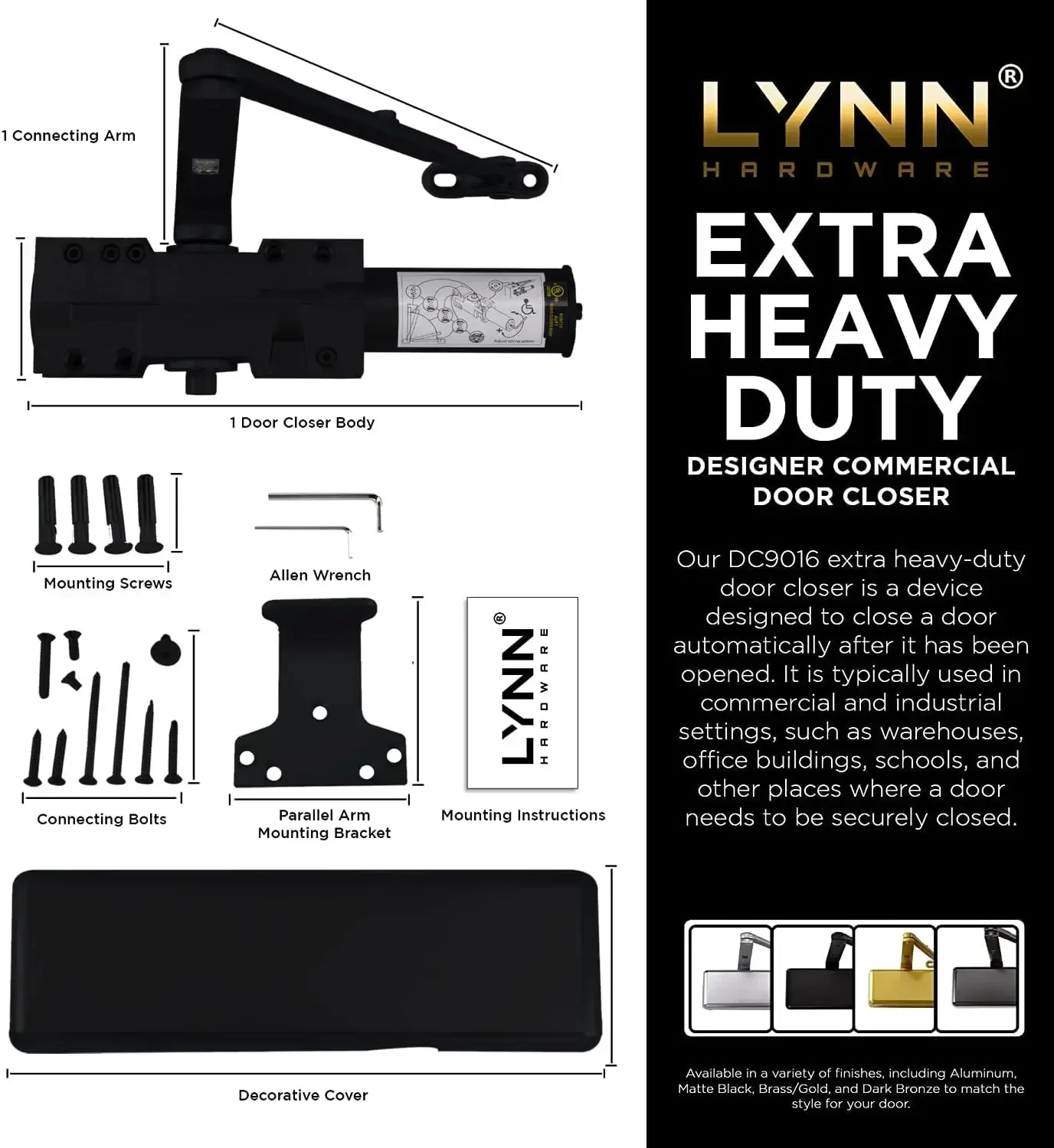 LYNN HARDWARE Commercial Door Closer, Automatic Surface-Mounted Auto DC9016, Extra Heavy Duty