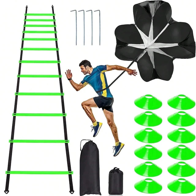 Pro Speed & Agility Training Set— Includes 12 Rung 20ft Agility Ladder , 12 Disc Cones, 4 Steel Stakes, 1 Resistance Parachute Pro Speed & Agility Training Set— Includes 12 Rung 20ft Agility Ladder , 12 Disc Cones, 4 Steel Stakes, 1 Resistance Parachute