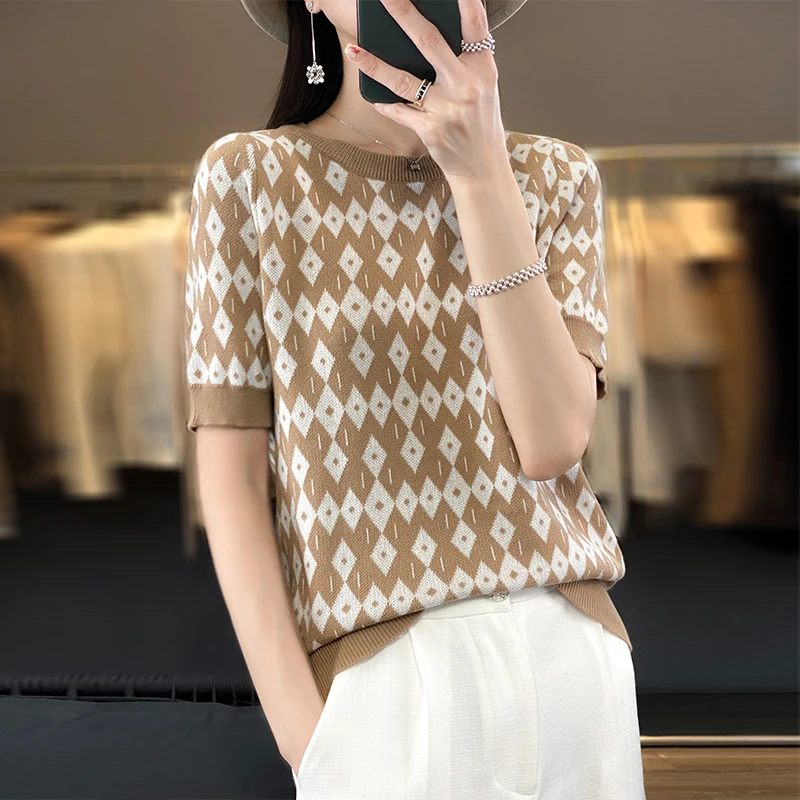 

DjzDsm round neck knitted short sleeve women's summer thin matching color pure cotton T-shirt shirt loose with half sleeve 2024