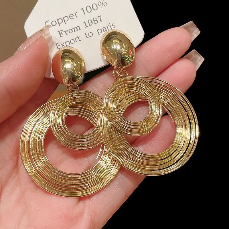 Trendy Metal Big Round Spiral Drop Earrings for Women Exaggerated Gold Color Hollow Geometric Statement Earrings Jewelry Gifts