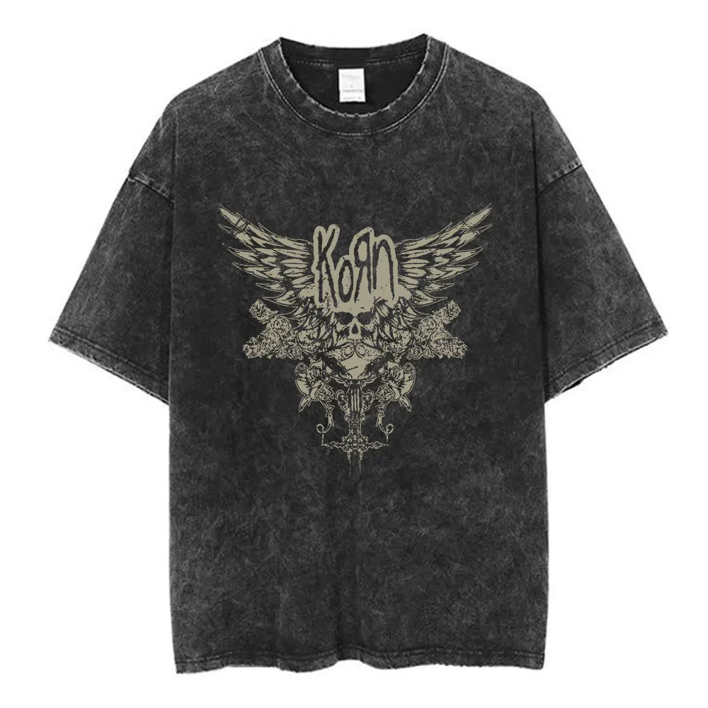 Korn Follow The Leader 20Th Anniversary Washed T Shirt Metal Gothic Rock Band T Shirts Men Vintage Oversized T-shirt Streetwear