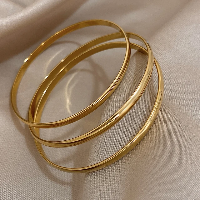 3pcs Glossy 18K Gold Plated Stainless Steel Bangle Bracelet for Women Minimalist Basic Wristband Bangles Waterproof Jewelry 6