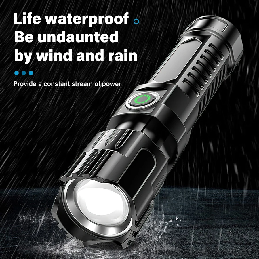 휴대용 미니 LED 손전등 내장 배터리, USB 충전식 LED 토치 램프, 조정 가능한 줌 가능 손전등, 하이킹 캠핑용