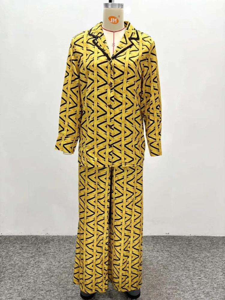 Wmstar Two Piece Set Women Wholesale Large Sized Casual Loose Long Sleeved Printed Shirt Wide Leg Trousers New Style Stylish