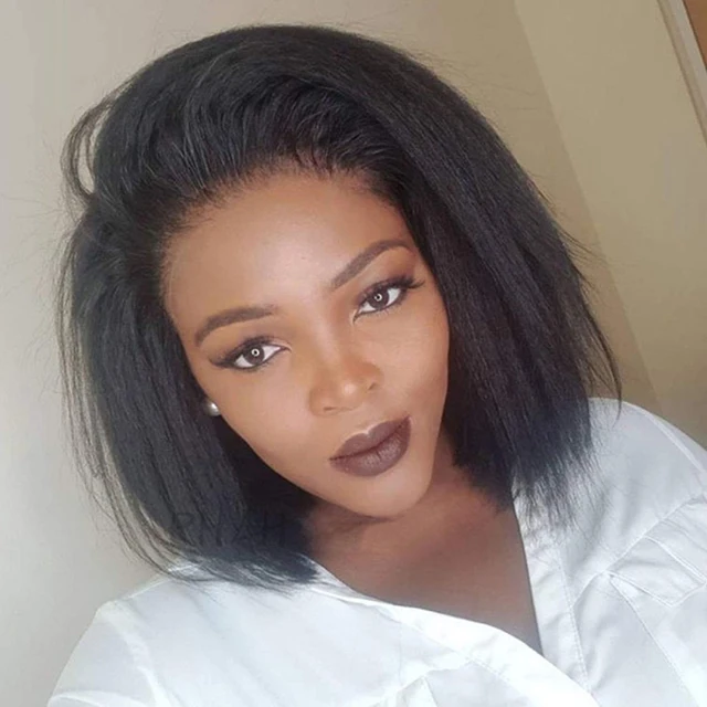 Perruque Courte Bob Kinky Lisse Sans Colle en Cheveux Humains Vierges, Dentelle Frontale HD Transparente 13x4, Cheveux Remy Péruviens Doux Yaki, Prête à Porter 1
