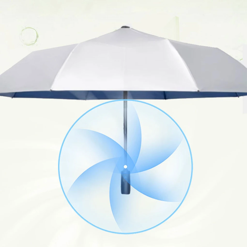 Sun Protection Umbrella With Cooling Fan Wind And Water Resistant Collapsible Long Handle Umbrella Black Rubber Powder