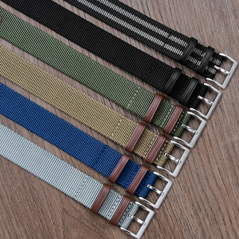 Black Khaki Army Genuine Leather and Nylon Weave Canvas Sport Watch Band Bracelet with Pin Buckle, 20mm or 22mm Strap Size
