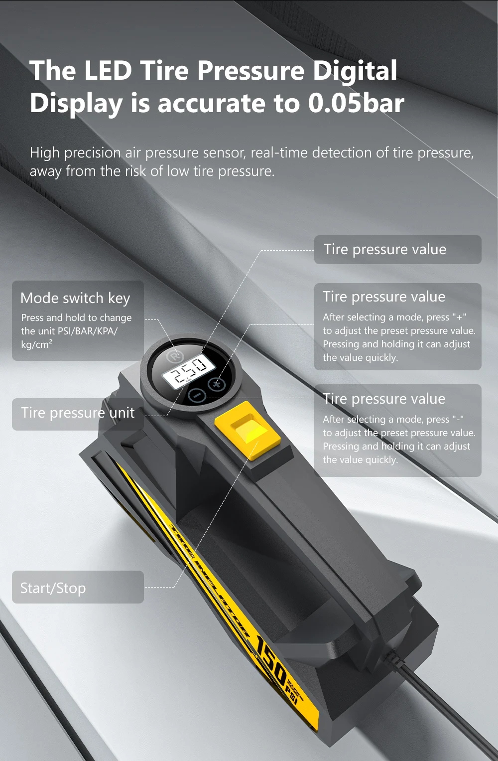 Elektroreifen-Inflator pumpe mit Kabel, tragbare Auto-Luftpumpe, 12V, 150psi, aufgerüstet – Detail 9