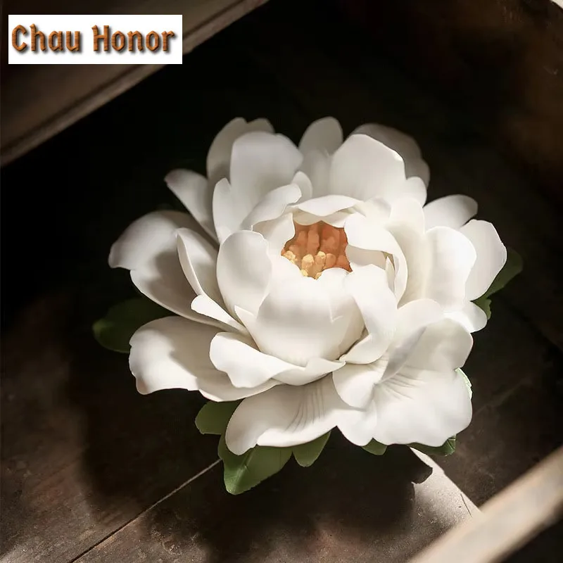Ceramic White Peony Incense Burner Handmade Household Decor Incense Stick Holder Buddhist Incense Chinese Tea Ceremony Ornaments