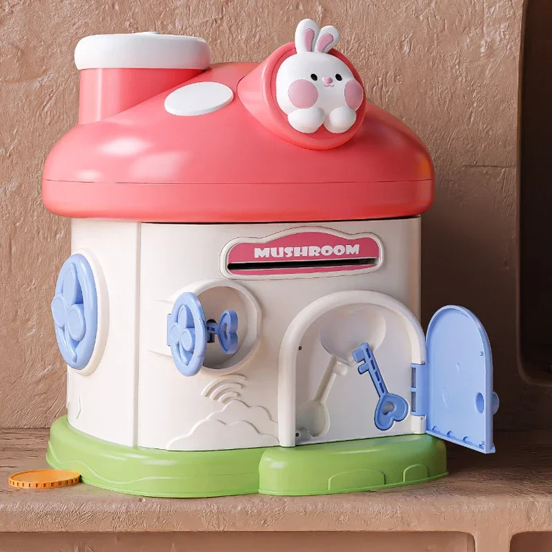 Mushroom House Money Box Piggy Bank Portable Key Lock Cash Box Students Creative Safe Savings Jar for Kids Adults Christmas Gift